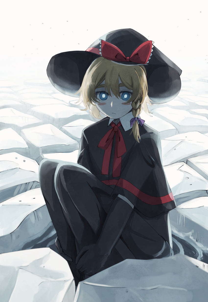 1girl absurdres black_capelet black_gloves black_headwear blonde_hair blue_eyes blush bow bowtie braid bright_pupils capelet closed_mouth commentary_request cookie_(touhou) crack cracked_floor elbow_gloves expressionless flat_chest full_body gloves hair_bow hat hat_bow highres hugging_own_legs kirisame_marisa looking_at_viewer lsnsn medium_bangs meguru_(cookie) purple_bow red_bow red_bowtie short_hair side_braid single_braid solo touhou white_background white_pupils witch_hat