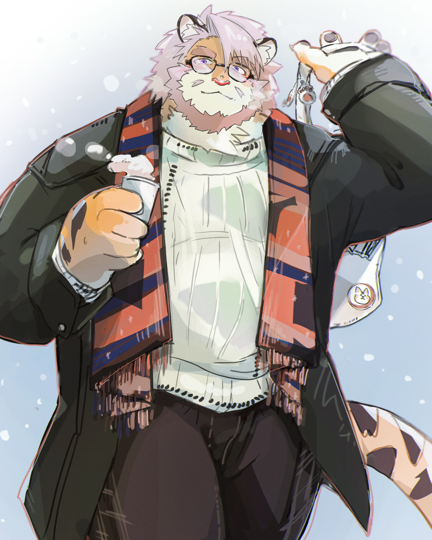 1boy absurdres animal_ears bag bara beard black_jacket brown_pants claws cup drink facial_hair furry furry_male glasses highres holding holding_bag holding_cup holding_drink indie_virtual_youtuber jacket kagai_terutora looking_at_viewer male_focus pants pawpads scarf smile snow sozo steam sweater tail tiger_boy tiger_ears tiger_stripes tiger_tail white_sweater