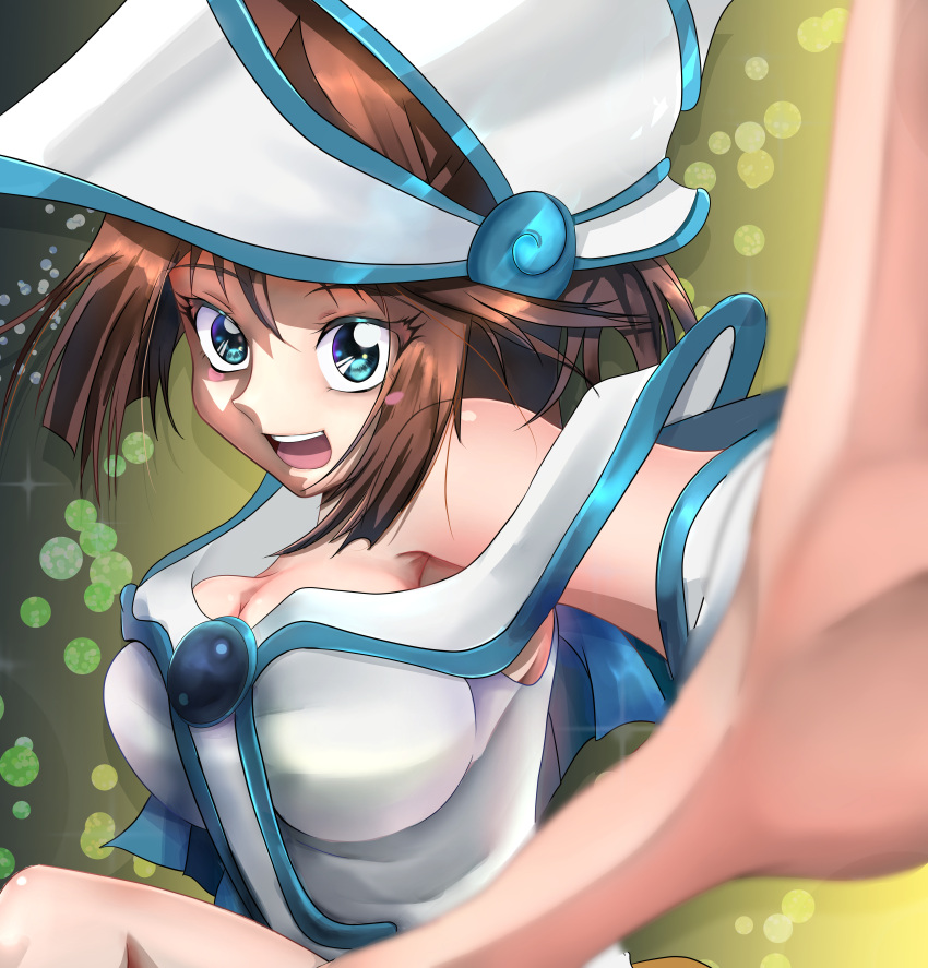 1girl absurdres blue_eyes blurry blurry_foreground breasts brown_hair cleavage cosplay dark_magician_girl dark_magician_girl_(cosplay) hat highres large_breasts looking_at_viewer mazaki_anzu medium_hair open_mouth solo talsinc upper_body wizard_hat yu-gi-oh! yu-gi-oh!_duel_monsters