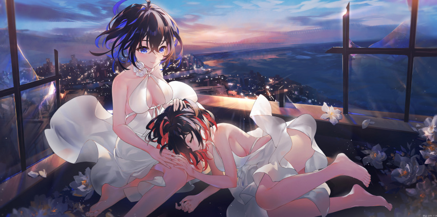 2girls absurdres alternate_costume barefoot black_hair blue_eyes blue_hair breasts broken_glass broken_window cityscape cleavage dress fetal_position flower glass highres honkai_(series) honkai_impact_3rd lying multicolored_hair multiple_girls on_side red_hair seele_vollerei short_hair sideboob sitting sky smile swkl:d twilight two-tone_hair white_dress