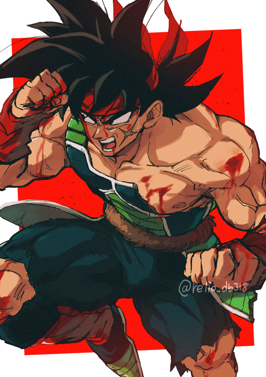 1boy absurdres armor bardock battle_damage black_eyes black_hair bleeding blood blood_on_clothes blood_on_face bodysuit broken broken_armor bruise dragon_ball dragon_ball_z headband highres injury male_focus monkey_tail muscular muscular_male open_mouth relio_db318 saiyan saiyan_armor scar scar_on_cheek scar_on_face scratches simple_background solo spiked_hair tail torn_bodysuit torn_clothes wristband