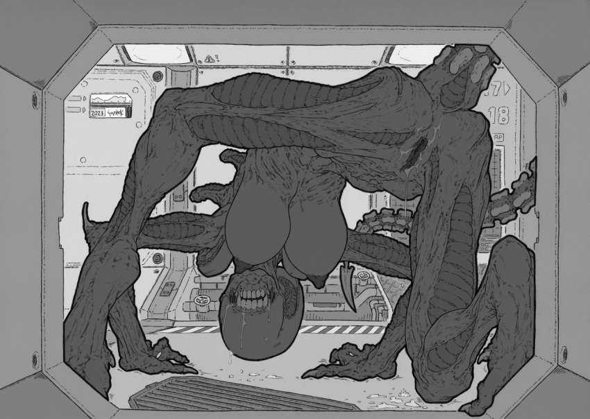 2023 alien alien_(franchise) all_fours anthro areola big_breasts biped bodily_fluids breasts butt claws coyotek digitigrade drooling eyeless female genital_fluids genitals inside looking_at_viewer monochrome nipples noseless nude presenting presenting_hindquarters pussy pussy_juice raised_tail rear_view saliva sharp_tail sharp_teeth solo tail teeth toe_claws xenomorph