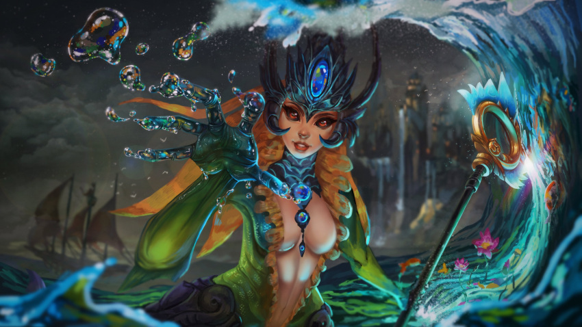 1girl absurdres breasts cloud cloudy_sky colored_skin crown gem green_skin hand_up highres holding holding_staff horns large_breasts lauraklein league_of_legends looking_at_viewer mermaid monster_girl nami_(league_of_legends) navel night ocean outdoors red_eyes red_lips ship sky smile solo staff teeth water watercraft waves