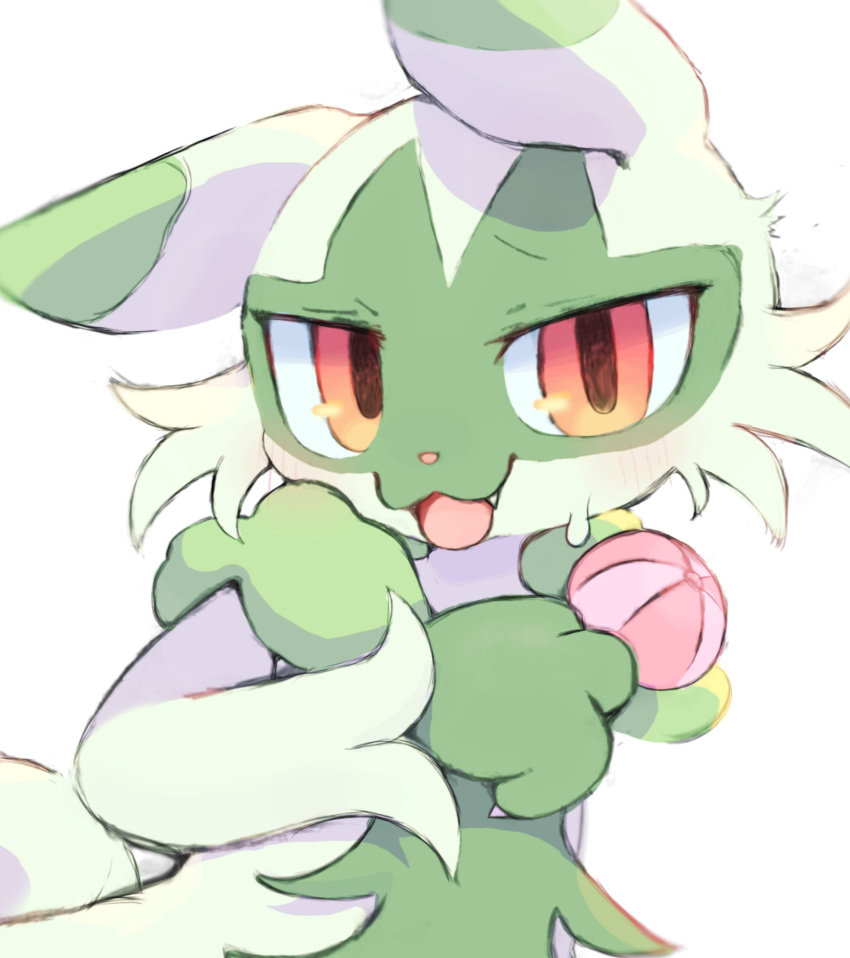 2023 3_fingers alternate_version_at_source ambiguous_gender anthro bodily_fluids cheek_tuft claws cute_fangs digital_media_(artwork) facial_tuft felid feline finger_claws fingers floragato fur generation_9_pokemon green_body green_fur hi_res holding_object looking_at_viewer mammal nintendo pink_eyes pokemon pokemon_(species) salmon_no_kaori simple_background solo sweat sweatdrop tongue tuft white_background