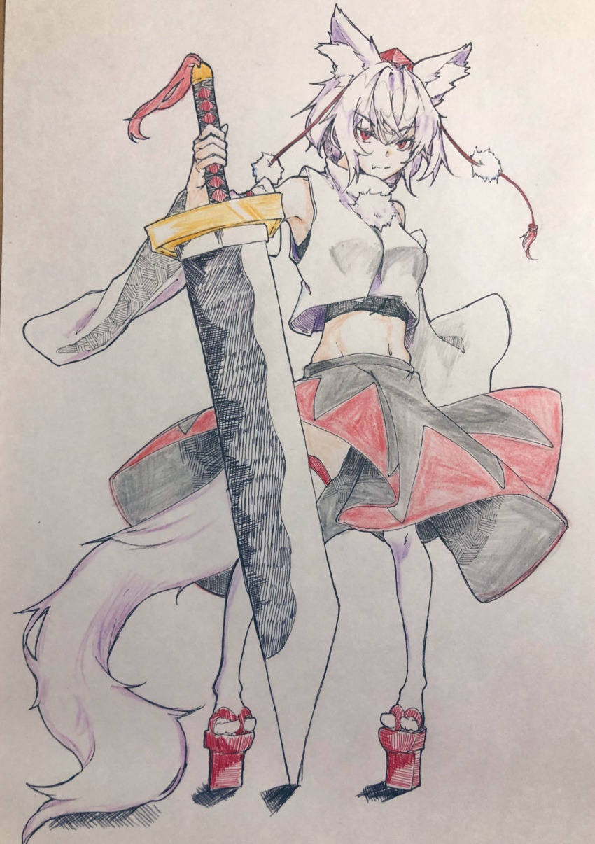 1girl animal_ear_fluff animal_ears black_skirt breasts cleaver closed_mouth detached_sleeves fang full_body geta hat highres holding holding_sword holding_weapon inubashiri_momiji kanaria_(bocmn) looking_at_viewer midriff navel one-hour_drawing_challenge pom_pom_(clothes) red_eyes red_footwear red_headwear red_skirt shirt short_hair simple_background skin_fang skirt solo standing sword tail tengu-geta tokin_hat touhou traditional_media two-tone_skirt weapon white_hair white_shirt wide_sleeves wolf_ears wolf_girl wolf_tail