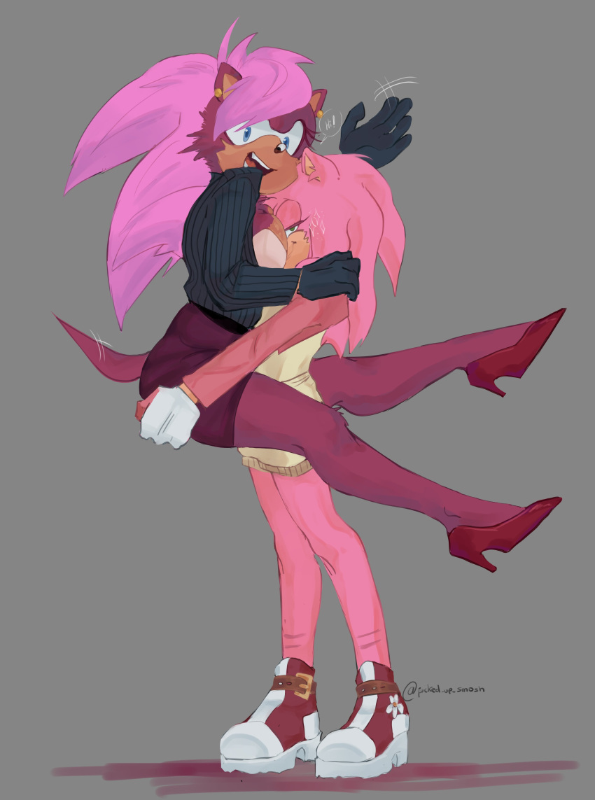 absurd_res amy_rose anthro blue_eyes boots bottomwear carrying_another clothing duo ear_piercing ear_ring eulipotyphlan female female/female footwear fucked_up_smosh fur gloves green_eyes handwear hedgehog hi_res high_heels mammal meme piercing pink_body pink_fur purple_body purple_fur ring_piercing sega shirt shoes shorts skirt sonia_the_hedgehog sonic_the_hedgehog_(series) sonic_underground topwear