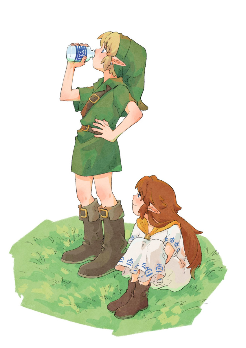 1boy 1girl belt blush bottle brown_belt brown_footwear closed_mouth cremia dress drinking grass green_headwear green_tunic hand_on_hip highres link looking_at_another milk milk_bottle orange_scarf pointy_ears profile scarf short_sleeves smile standing the_legend_of_zelda the_legend_of_zelda:_majora's_mask white_background white_dress yangyaozigo