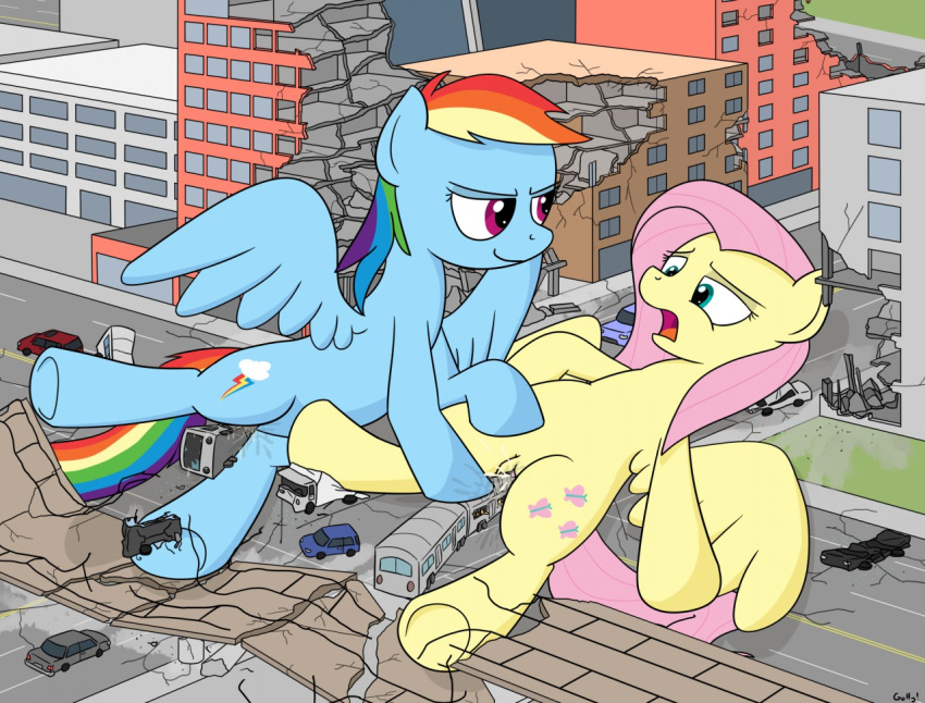 2014 blue_body bodily_fluids building car crushed_vehicle cutie_mark destroyed_building equid equine female feral fluttershy_(mlp) friendship_is_magic genital_fluids genitals hasbro looking_at_another macro mammal mane multicolored_mane my_little_pony narrowed_eyes open_mouth outside pegasus penetration pink_mane pussy pussy_juice rainbow_dash_(mlp) rainbow_mane rapidstrike spread_wings vaginal vaginal_penetration vehicle vehicle_insertion wings yellow_body