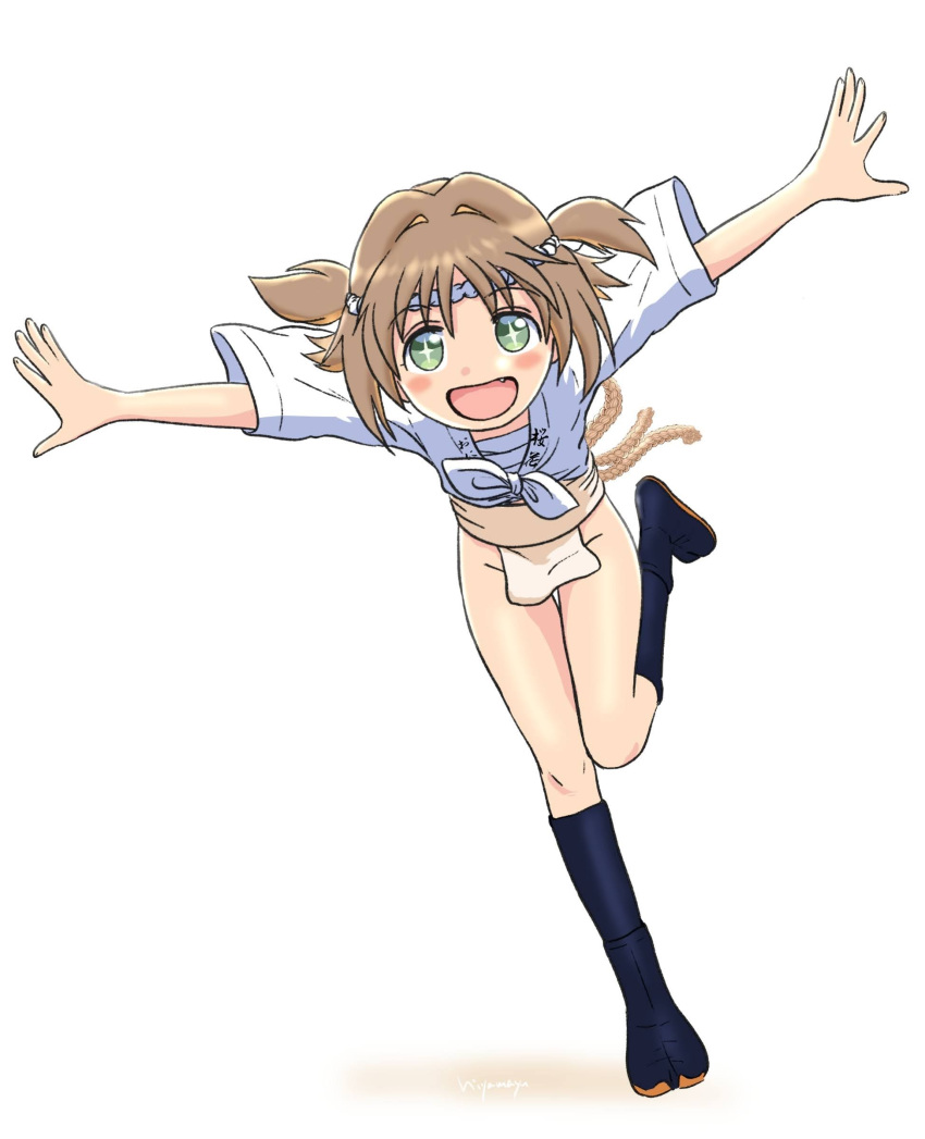 +_+ 1girl :d absurdres blush_stickers brown_hair fang full_body fundoshi groin hachimaki hair_intakes headband highres hiyama_yuu_(wee259hiyama) japanese_clothes leaning_forward looking_at_viewer nejiri_hachimaki oka_asahi onii-chan_wa_oshimai! open_mouth outstretched_arms short_hair simple_background smile solo spread_arms standing standing_on_one_leg thigh_gap two_side_up white_background yamakasa