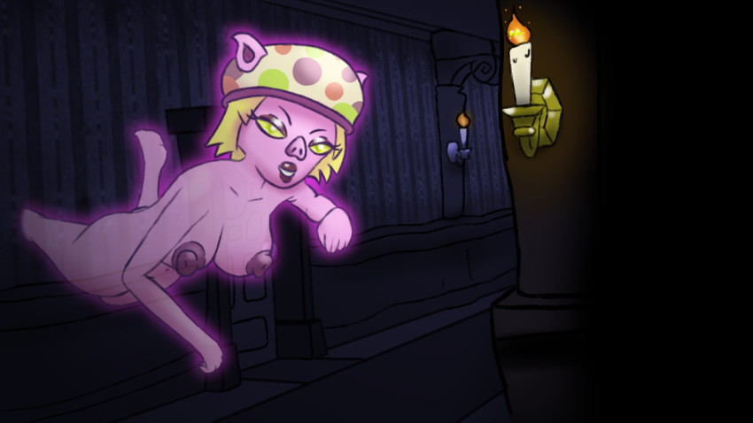 anthro blonde_hair candle domestic_pig female floating ghost hair hallway humanoid lipstick luigi's_mansion makeup mammal mansion miss_petunia naked_dan pig_nose pink_body shower_hat solo spirit suid suina sus_(pig) through_wall transluscent_body yellow_eyes