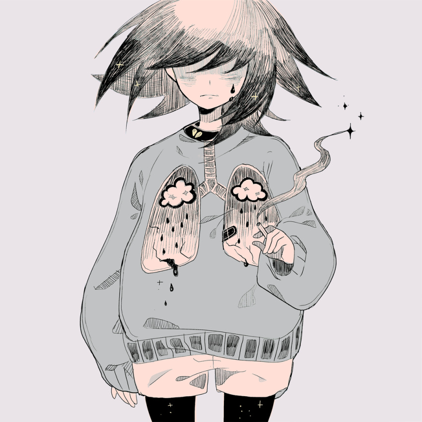 1boy bandaid black_collar black_pantyhose blue_background blue_sweater blush broken_heart chin cigarette closed_mouth cloud collar crack crying english_commentary frown hair_over_eyes heart heart_print holding holding_cigarette hoshi-pan ink_(medium) inktober long_sleeves lungs original pantyhose puffy_long_sleeves puffy_sleeves rain shaded_face short_hair shorts smoke sparkle spot_color star_(symbol) star_print sweater teardrop traditional_media white_shorts