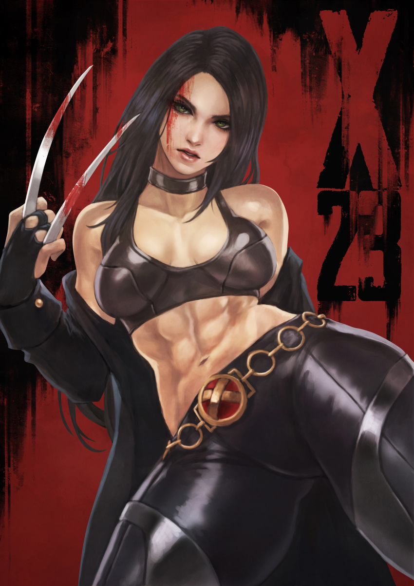 abs absurdres bare_shoulders black_gloves black_hair blood breasts chain_belt claws collar gloves green_eyes highres laura_kinney leather leather_pants marvel midriff monori_rogue pants red_background x-23 x-men