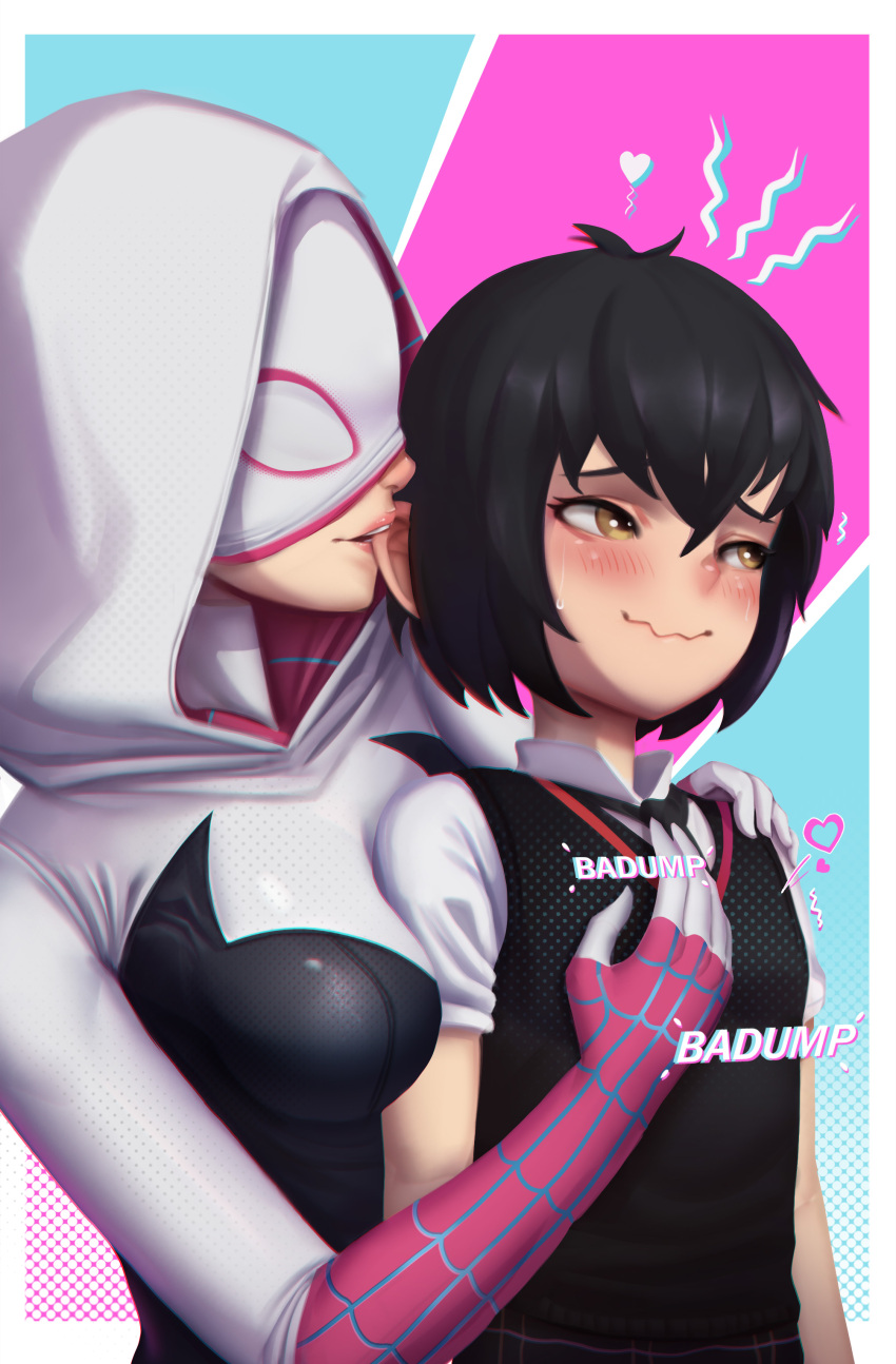 2girls absurdres afrotunaart biting black_hair blush bodysuit breasts brown_eyes ear_biting gwen_stacy hand_on_another's_chest hand_on_another's_shoulder heart highres hood hooded_bodysuit marvel mask medium_breasts multiple_girls peni_parker short_hair small_breasts smile sound_effects spider-gwen spider-man:_across_the_spider-verse spider-man:_into_the_spider-verse spider-man_(series) spider_web_print upper_body wavy_mouth yuri