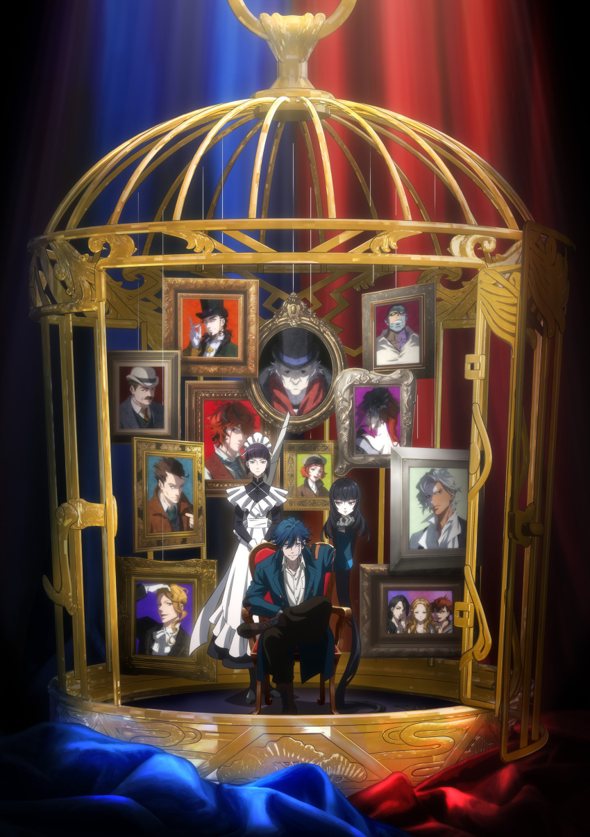 6+boys 6+girls absurdres aleister_crowley_(undead_girl_murder_farce) annie_kerber apron arsene_lupin_(undead_girl_murder_farce) birdcage black_dress black_hair black_jacket blonde_hair blue_jacket blunt_bangs bob_cut boots bowler_hat brown_coat brown_footwear brown_hair brown_headwear cage carmilla_(undead_girl_murder_farce) chair coat commentary_request cross-laced_footwear dark-skinned_male dark_skin dress frilled_apron frills hasei_shizuku hat highres jack_the_ripper_(undead_girl_murder_farce) jacket james_moriarty_(undead_girl_murder_farce) john_watson_(undead_girl_murder_farce) kaya_(undead_girl_murder_farce) key_visual lace-up_boots long_hair looking_at_viewer maid_apron maid_headdress mask multicolored_hair multiple_boys multiple_girls nora_(undead_girl_murder_farce) official_art orange_hair pale_skin phantom_(undead_girl_murder_farce) portrait promotional_art red_hair rindou_aya_(undead_girl_murder_farce) sherlock_holmes_(undead_girl_murder_farce) shin'uchi_tsugaru shirt short_hair sitting standing streaked_hair top_hat undead_girl_murder_farce vera_(undead_girl_murder_farce) victor_(undead_girl_murder_farce) white_apron white_hair white_headwear white_shirt