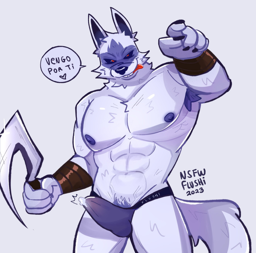 &lt;3 2023 abs anthro arm_wraps armpit_hair big_bulge big_muscles bite biting_lip biting_own_lip bodily_fluids body_hair bulge canid canine canis claws clothed clothing cum cum_in_clothing cum_in_underwear cum_through_clothing cum_through_thong cum_through_underwear death_(puss_in_boots) dialogue dreamworks erection erection_under_clothing fluchinick fur genital_fluids gesture hi_res holding_object holding_sickle holding_weapon humor looking_at_viewer male mammal melee_weapon muscular muscular_anthro muscular_male navel nipples pecs pointing pointing_at_viewer pubes pun puss_in_boots_(film) puss_in_boots_the_last_wish sickle signature simple_background smile solo spanish_text standing talking_to_viewer teeth tenting text thong tongue tongue_out topless topless_anthro topless_male translated tuft underwear weapon wet wet_clothing wet_underwear white_background wolf wraps