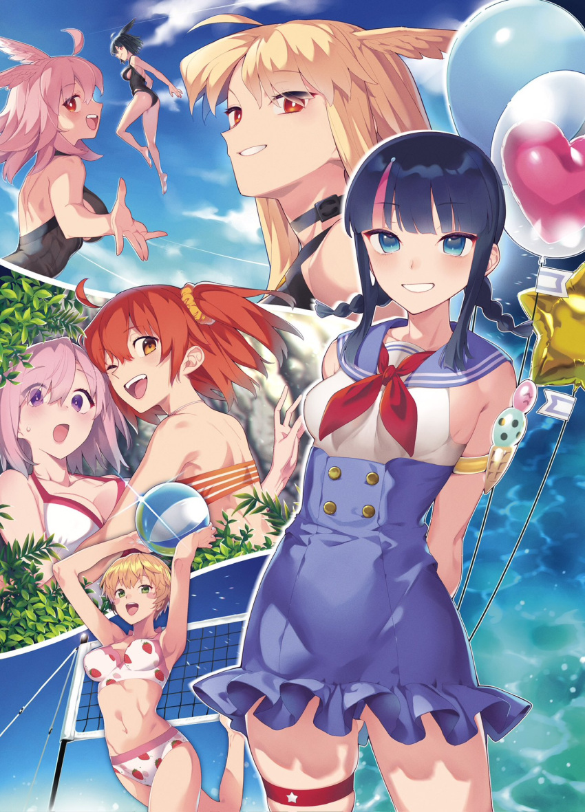 6+girls ahoge armlet ball balloon bare_shoulders beach bikini black_hair black_one-piece_swimsuit blonde_hair blue_eyes blue_sailor_collar blue_skirt blue_sky blush blush_stickers braid breasts buttons choker cleavage collarbone double-breasted fate/grand_order fate_(series) food_print fujimaru_ritsuka_(female) fujimaru_ritsuka_(female)_(brilliant_summer) gareth_(fate) gareth_(swimsuit_saber)_(fate) green_eyes grin hair_flaps hair_ornament hair_over_one_eye hair_scrunchie head_wings highleg highleg_swimsuit highres hildr_(fate) hildr_(swimsuit_assassin)_(fate) large_breasts long_hair looking_at_viewer low_twin_braids mash_kyrielight mash_kyrielight_(swimsuit_of_perpetual_summer) medium_breasts medium_hair mitsurugi_sugar multicolored_hair multiple_girls navel one-piece_swimsuit one_side_up open_mouth orange_bikini orange_eyes orange_hair orange_scrunchie ortlinde_(fate) ortlinde_(swimsuit_assassin)_(fate) pink_bikini pink_hair purple_eyes red_eyes sailor_collar scrunchie short_hair sidelocks skirt sky smile strawberry_print streaked_hair striped striped_bikini swimsuit thighs thrud_(fate) thrud_(swimsuit_assassin)_(fate) twin_braids utsumi_erice utsumi_erice_(swimsuit_avenger) utsumi_erice_(swimsuit_avenger)_(second_ascension) valkyrie_(fate) volleyball_(object) volleyball_net white_bikini white_one-piece_swimsuit wings