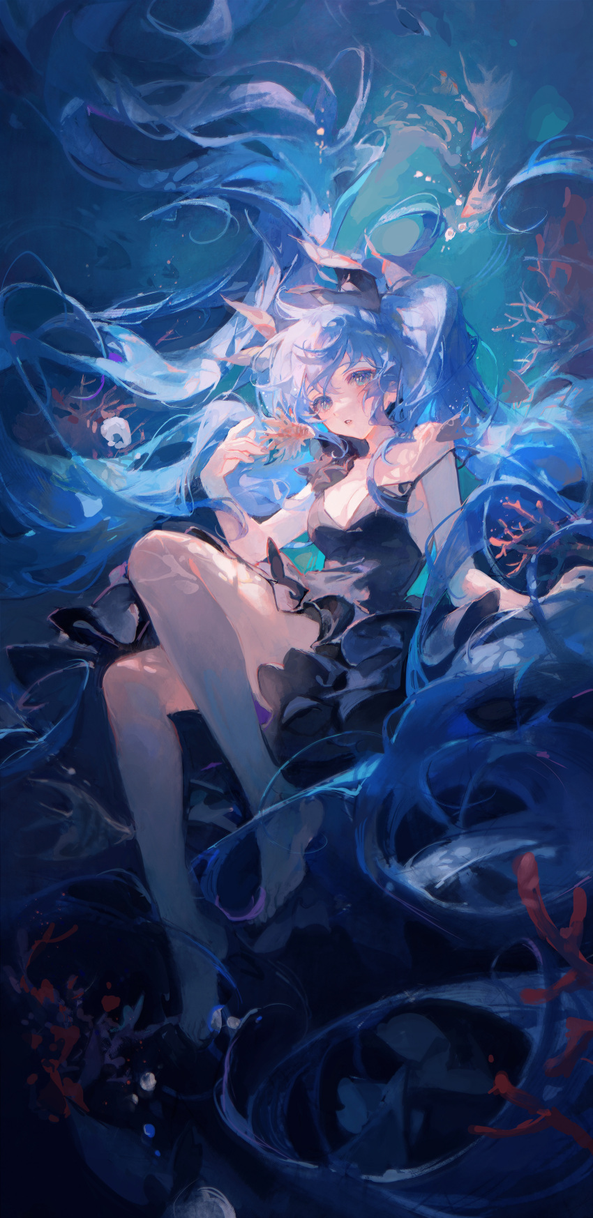 1girl absurdly_long_hair absurdres bare_legs barefoot black_dress black_ribbon blue_eyes blue_hair breasts cleavage commentary_request coral dress english_commentary fish full_body hand_up hatsune_miku highres long_hair looking_at_viewer maccha_(mochancc) mixed-language_commentary parted_lips ribbon shinkai_shoujo_(vocaloid) solo strap_slip twintails underwater very_long_hair vocaloid