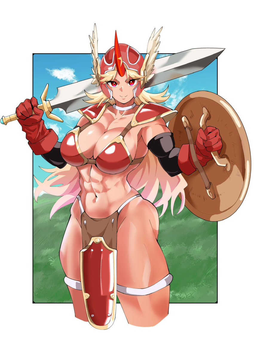 1girl bikini blonde_hair breasts cleavage closed_mouth commentary_request commission cosplay cropped_legs dragon_quest dragon_quest_iii epaulettes fugaku_(miko_no_miyatsuguchi) gloves helmet highres holding holding_shield holding_sword holding_weapon horns hoshiguma_yuugi large_breasts long_hair looking_at_viewer multiple_sources muscular muscular_female navel oni_horns outdoors pelvic_curtain red_bikini red_eyes red_gloves red_headwear red_horns shield single_horn skeb_commission smile soldier_(dq3) soldier_(dq3)_(cosplay) solo swimsuit sword touhou weapon winged_helmet