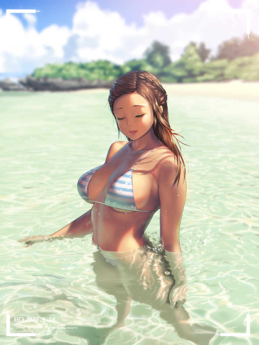 1girl a.x. beach bikini blue_sky braid breasts brown_hair closed_eyes cloud highres large_breasts long_hair nipples original outdoors parted_lips partially_submerged sky solo standing striped striped_bikini swimsuit tree water wet