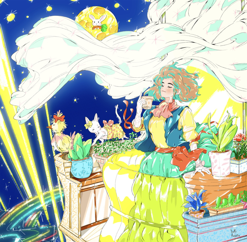 1girl absurdres bird blush brown_hair cactus carrot cat closed_eyes cup curtains dress flower highres holding holding_cup kawatsu_yuuki medium_hair moon original plant potted_plant rabbit red_flower signature smile solo white_cat wide_shot