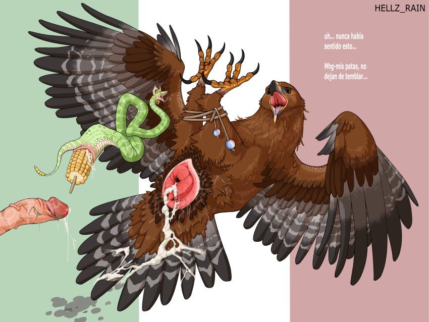 4:3 4_toes absurd_res accipitrid accipitriform after_sex animal_genitalia anisodactyl avian avian_feet beak bestiality bird black_body black_feathers bodily_fluids bolas bound brown_body brown_eyes brown_feathers claws cloaca cloaca_juice cloaca_juice_on_penis cloacal cloacal_penetration corn corncob crown cum cum_drip cum_in_cloaca cum_inside cum_on_penis cum_on_tail cum_string disembodied_penis dripping eagle feathers feces feces_on_penis feet female feral flag_background food food_fetish food_penetration food_play forked_tongue gaping gaping_cloaca genital_fluids genitals golden_eagle green_body green_scales headgear hellz_rain hi_res human human_on_feral improvised_sex_toy interspecies jewelry larger_feral legs_tied lying male mammal mexican_flag necklace on_back open_mouth penetration penis pink_cloaca pit_viper plant puffy_cloaca raised_leg rattle_(anatomy) rattlesnake reptile saliva saliva_string scales scalie scat serpentine size_difference smaller_female smaller_feral snake spanish_text spread_wings tail text toes tongue true_eagle vein veiny_penis viper white_body white_scales wings