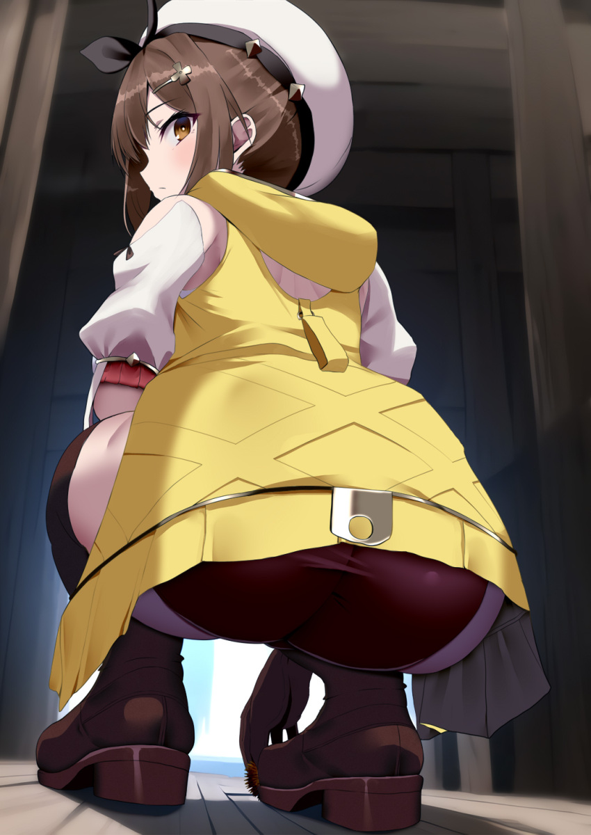 1girl ashino_moto ass atelier_(series) atelier_ryza atelier_ryza_1 beret brown_eyes brown_footwear brown_gloves brown_hair brown_thighhighs from_behind from_below full_body gloves hair_ornament hairclip hat highres hood hooded_jacket jacket looking_back reisalin_stout short_shorts shorts sleeveless sleeveless_jacket solo squatting thighhighs white_headwear yellow_jacket