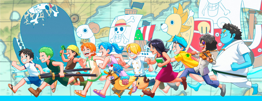 3girls 6+boys absurdres aged_down antlers bandana black_hair blonde_hair blue_hair blue_skin brook_(one_piece) carue colored_skin franky_(one_piece) goggles goggles_on_head going_merry green_hair hair_over_one_eye highres holding holding_sword holding_weapon instrument jinbe_(one_piece) laboon long_nose monkey_d._luffy multiple_boys multiple_girls nami_(one_piece) nefertari_vivi nico_robin one_piece orange_hair pirate_ship ponytail reindeer_boy roronoa_zoro running saddle sail sanji_(one_piece) ship sword thousand_sunny tony_tony_chopper tusks um0gzu1 usopp violin watercraft weapon