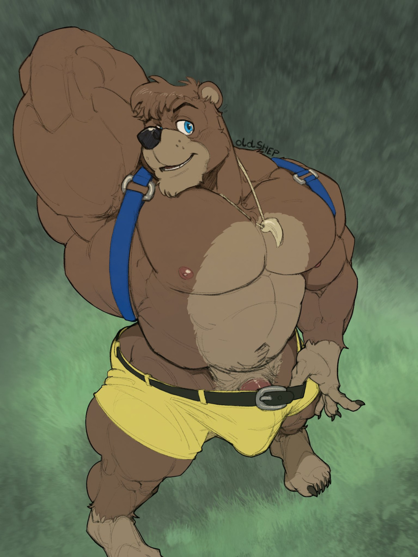 2023 abs anthro backpack banjo-kazooie banjo_(banjo-kazooie) barazoku barefoot bear belt biceps big_bulge big_muscles big_penis bottomwear bottomwear_pull bulge claws clothed clothing clothing_pull deltoids erection erection_under_clothing eyebrows feet fur genitals grass hair hand_behind_head hi_res high-angle_view huge_muscles humanoid_genitalia humanoid_penis jewelry looking_at_viewer looking_up looking_up_at_viewer male mammal manly muscular muscular_anthro muscular_male navel necklace nipples obliques oldshep outside pecs penis plant rareware seductive serratus shorts shorts_pull signature smile solo standing thick_thighs topless topless_anthro topless_male triceps tuft