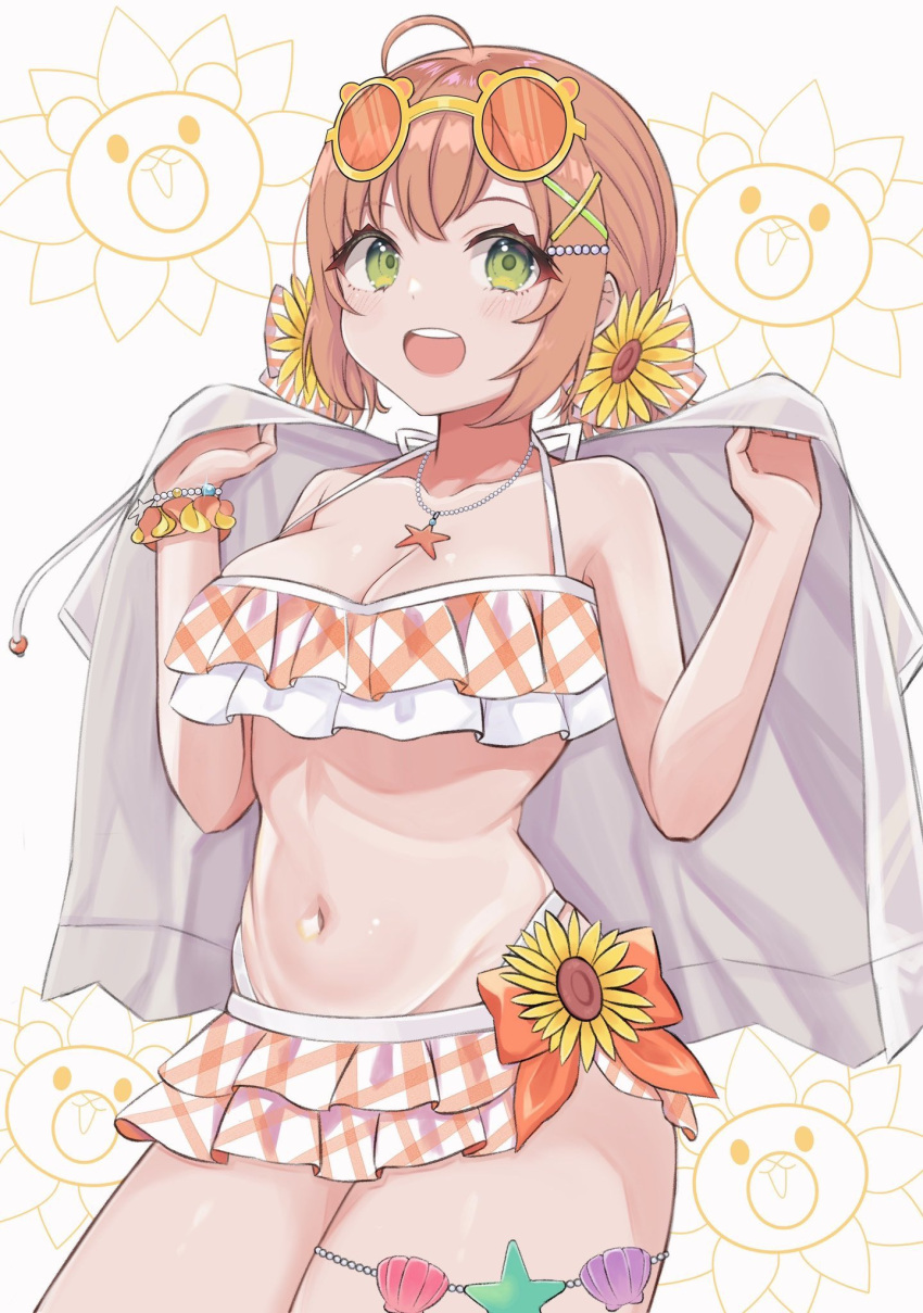 1girl ahoge bikini commentary eyewear_on_head flower frilled_bikini frills green_eyes hair_flower hair_ornament highres honma_himawari honma_himawari_(13th_costume) jewelry natsunoiroha necklace nijisanji open_mouth orange-tinted_eyewear orange_bikini orange_hair plaid plaid_bikini round_eyewear short_twintails smile solo star_(symbol) star_necklace stomach_day sunflower sunflower_hair_ornament sunglasses swimsuit tinted_eyewear twintails virtual_youtuber x_hair_ornament