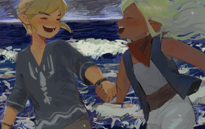 1boy 1girl beach blonde_hair blush cloud cloudy_sky couple dark-skinned_female dark_skin highres holding_hands link ocean open_mouth pointy_ears red_scarf scarf senzo6700 sky smile teeth tetra the_legend_of_zelda the_legend_of_zelda:_the_wind_waker toon_link upper_teeth_only