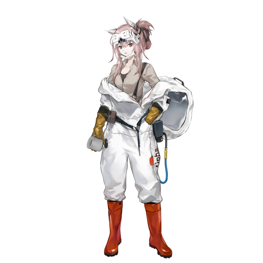 1girl animal_ears artist_request bags_under_eyes black_undershirt boots brown_shirt cat_ears coffee_mug cup folded_ponytail full_body girls'_frontline gloves hair_between_eyes hair_ornament hairclip hand_in_pocket hazmat_suit head-mounted_display highres holding holding_cup long_hair looking_at_viewer mask mask_pull mouth_mask mug non-web_source object_request off_shoulder official_alternate_costume official_art parted_lips partially_unbuttoned persica_(girls'_frontline) pink_hair pouch red_eyes red_footwear rubber_boots rubber_gloves scientist shirt sidelocks solo strap transparent_background unzipped yellow_gloves