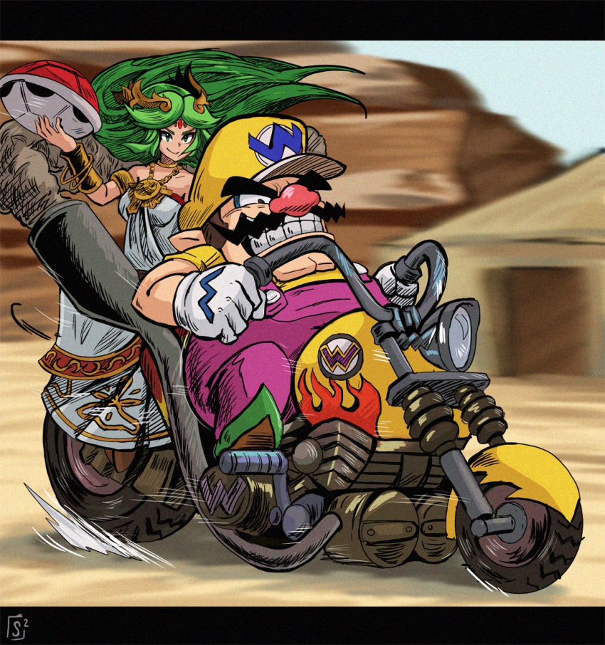 1boy 1girl facial_hair forehead_jewel gloves green_hair jewelry kid_icarus letterboxed mario_(series) mario_kart motor_vehicle motorcycle mustache overalls palutena pendant red_shell_(mario) smoke stoic_seraphim super_smash_bros. teeth turtle_shell wario white_gloves yellow_headwear