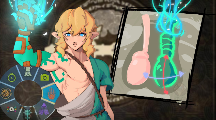 1boy blonde_hair blue_eyes closed_mouth glowing glowing_hand grongo_art hand_up heads-up_display highres link looking_at_viewer male_focus meme nipples pointy_ears sash solo testicles testicular_torsion the_legend_of_zelda the_legend_of_zelda:_tears_of_the_kingdom
