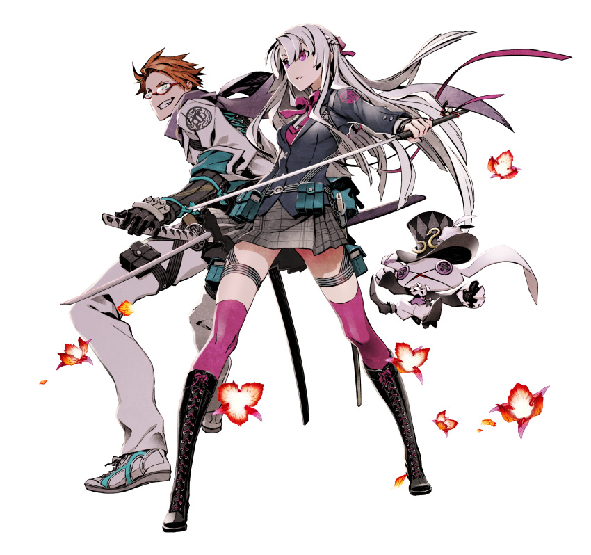 1boy 1girl 7th_dragon_(series) 7th_dragon_iii absurdres armor belt_pouch black_footwear black_jacket boots bow bowtie braid button_eyes commentary dual_wielding floro_(7th_dragon) full_body grin hair_between_eyes hair_ribbon hat highres holding holding_sword holding_weapon holster jacket japanese_armor katana kote long_hair miwa_shirow multiple_swords nagamimi_(7th_dragon) parted_lips pink_bow pink_bowtie pink_eyes pink_ribbon pink_thighhighs plaid plaid_skirt pouch red-framed_eyewear ribbon samurai_(7th_dragon_series) scarf school_uniform sheath short_hair simple_background single_braid skirt sleeves_rolled_up smile stuffed_animal stuffed_rabbit stuffed_toy sword thigh_holster thigh_pouch thighhighs top_hat weapon white_background white_hair yellow_eyes