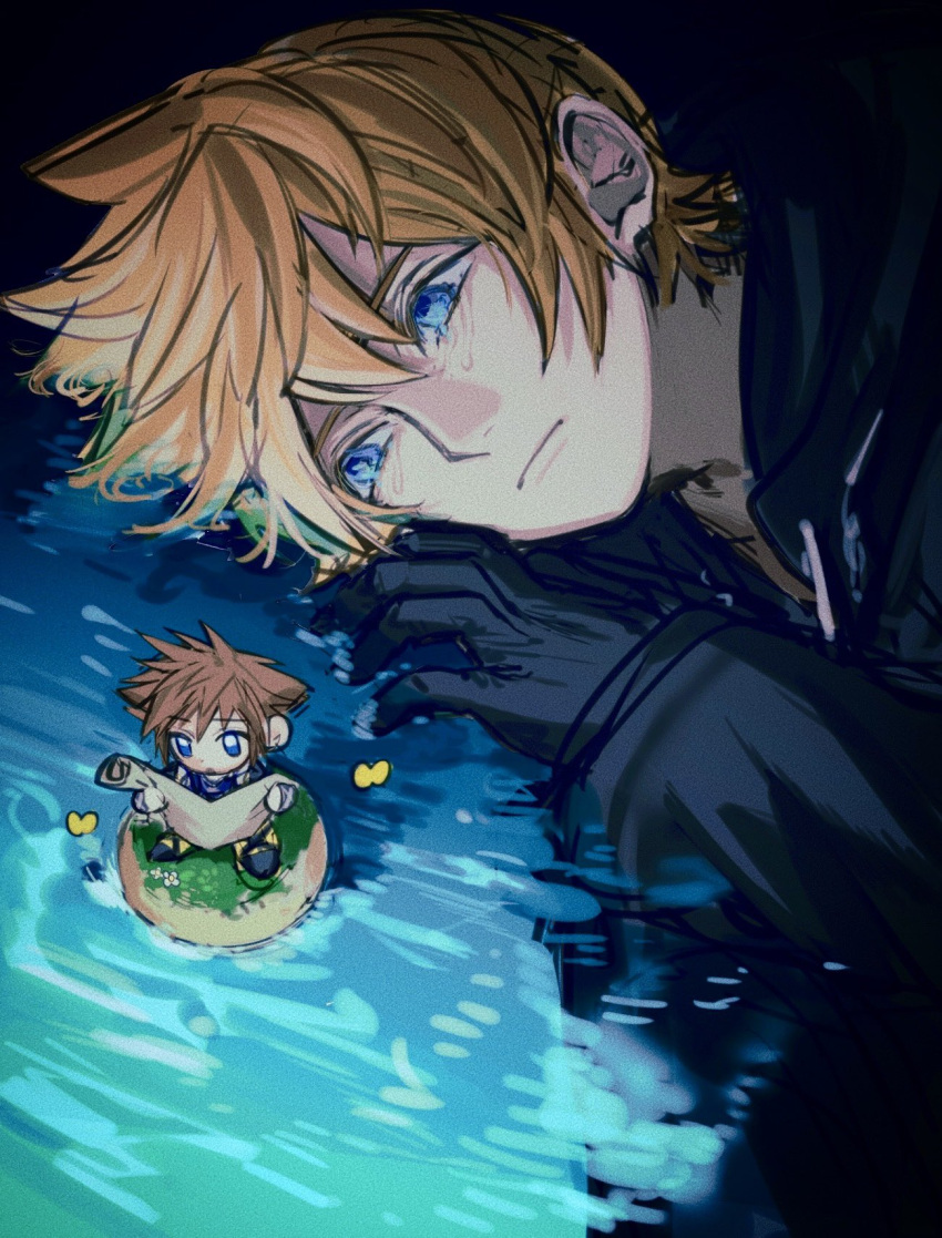 2boys :o black_coat black_coat_(kingdom_hearts) black_gloves blonde_hair blue_eyes brown_hair bug butterfly chibi chibi_inset coat crying daisy flower frown gloves grass highres holding holding_map hood hooded_coat in_water island kingdom_hearts kingdom_hearts_ii light_frown lying male_focus map multiple_boys nishinsobha ocean on_grass on_side open_mouth reading roxas shoes short_hair sora_(kingdom_hearts) tearing_up tears water white_flower yellow_butterfly