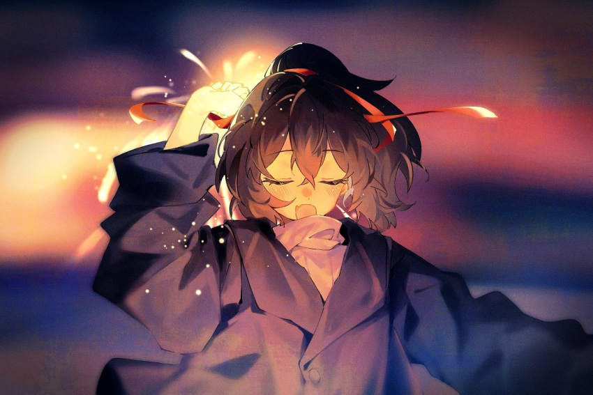 1girl alternate_costume black_hair blurry blurry_background blush brown_hair closed_eyes coat fang fireworks hair_between_eyes hair_ribbon holding holding_fireworks ise_(kancolle) kantai_collection kazeshio long_sleeves multicolored_hair open_mouth red_ribbon ribbon skin_fang solo sparkler turtleneck upper_body