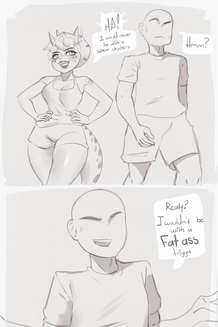 2023 2:3 3_horns absurd_res anon_(snoot_game) anthro bald black_and_white bodily_fluids bottomwear breasts ceratopsian cleavage clothed clothing curvy_figure dialogue dinosaur duo english_text eyelashes female freckles freckles_on_shoulders frill_(anatomy) goodbye_volcano_high hair hands_on_hips hands_on_own_hips hi_res horn human kuroonivt long_tail male mammal monochrome multi_horn open_mouth ornithischian reptile scalie shirt short_hair shorts small_waist smile snoot_game sweat tail tank_top teeth text thick_thighs tongue topwear triceratops trish_(gvh) vein zexlynk