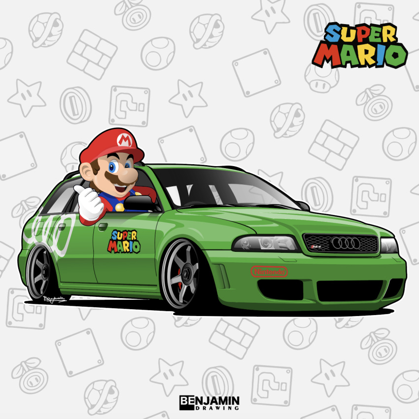 1boy artist_name audi audi_rs4 benjamin_(user_scjv3278) blue_eyes blue_overalls brown_hair car facial_hair gloves hat highres logo male_focus mario mario_(series) motor_vehicle mustache open_mouth overalls red_headwear red_shirt shirt smile solo stance_(vehicle) super_mushroom super_star_(mario) thumbs_up vehicle_focus white_gloves