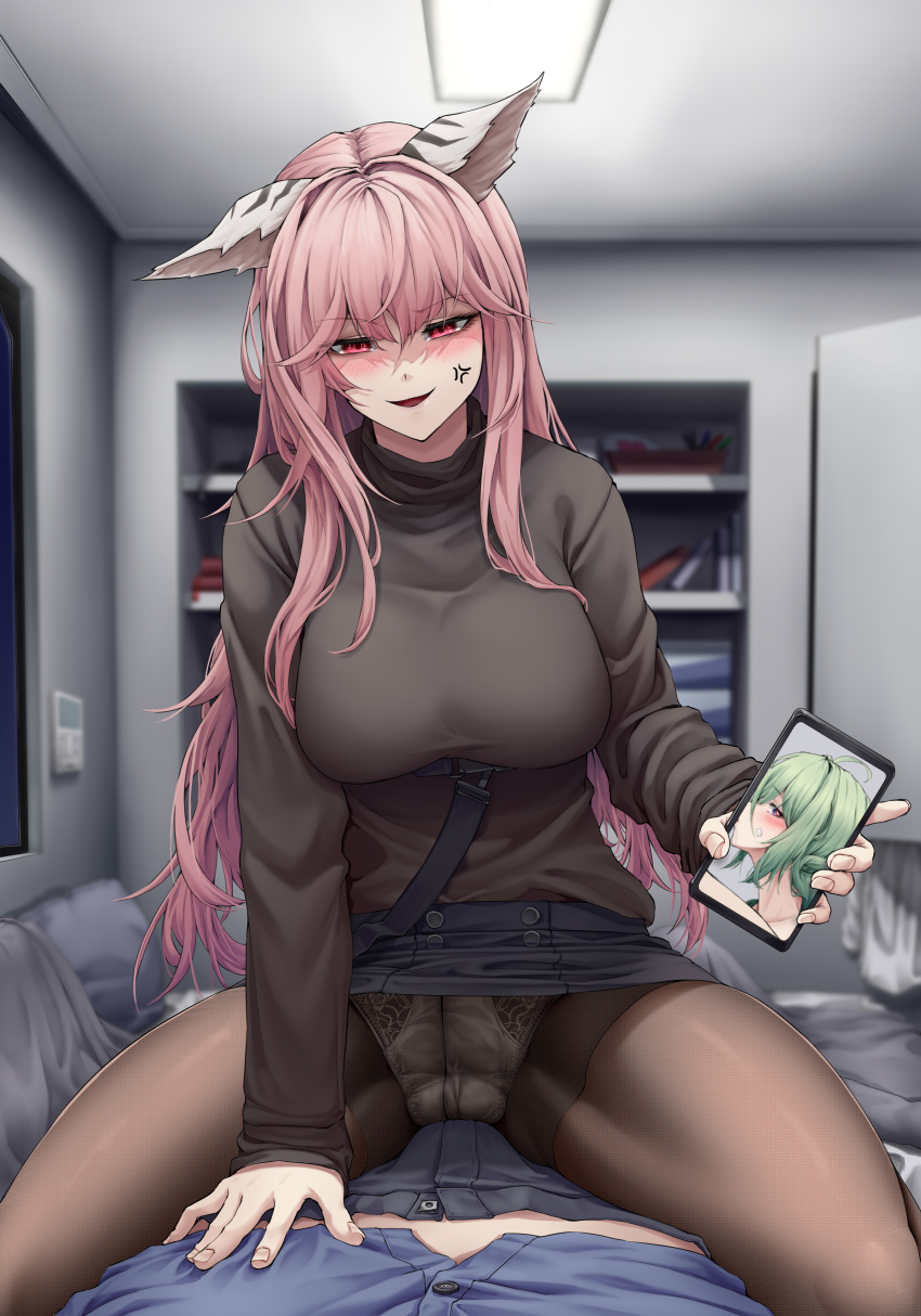 1boy 2girls absurdres anger_vein angry animal_ears belt black_sweater bookshelf breasts cheating_(relationship) de_lacey_(neural_cloud) enin evil_smile girls'_frontline girls'_frontline_neural_cloud green_hair grinding hetero highres holding holding_phone indoors long_hair long_sleeves male_professor_(neural_cloud) medium_breasts multiple_girls panties panties_under_pantyhose pantyhose persicaria_(neural_cloud) phone pink_eyes pink_hair pov professor_(neural_cloud) shaded_face smile straddling sweater thermostat underwear upskirt white_panties