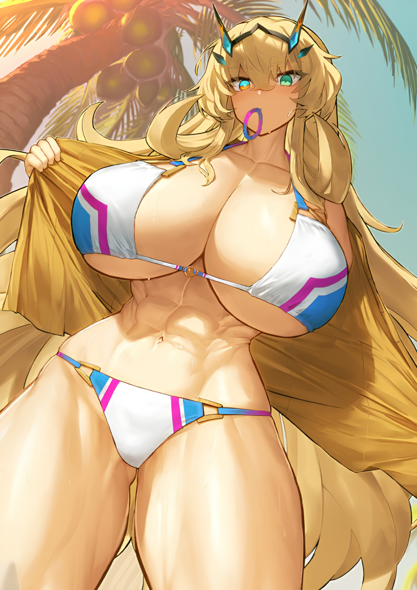 1girl abs absurdres barghest_(fate) barghest_(swimsuit_archer)_(fate) bikini blonde_hair breasts collarbone fairy highres huge_breasts knight large_breasts melon22 muscular muscular_female non-web_source resized solo swimsuit thick_thighs thighs upscaled waifu2x white_bikini