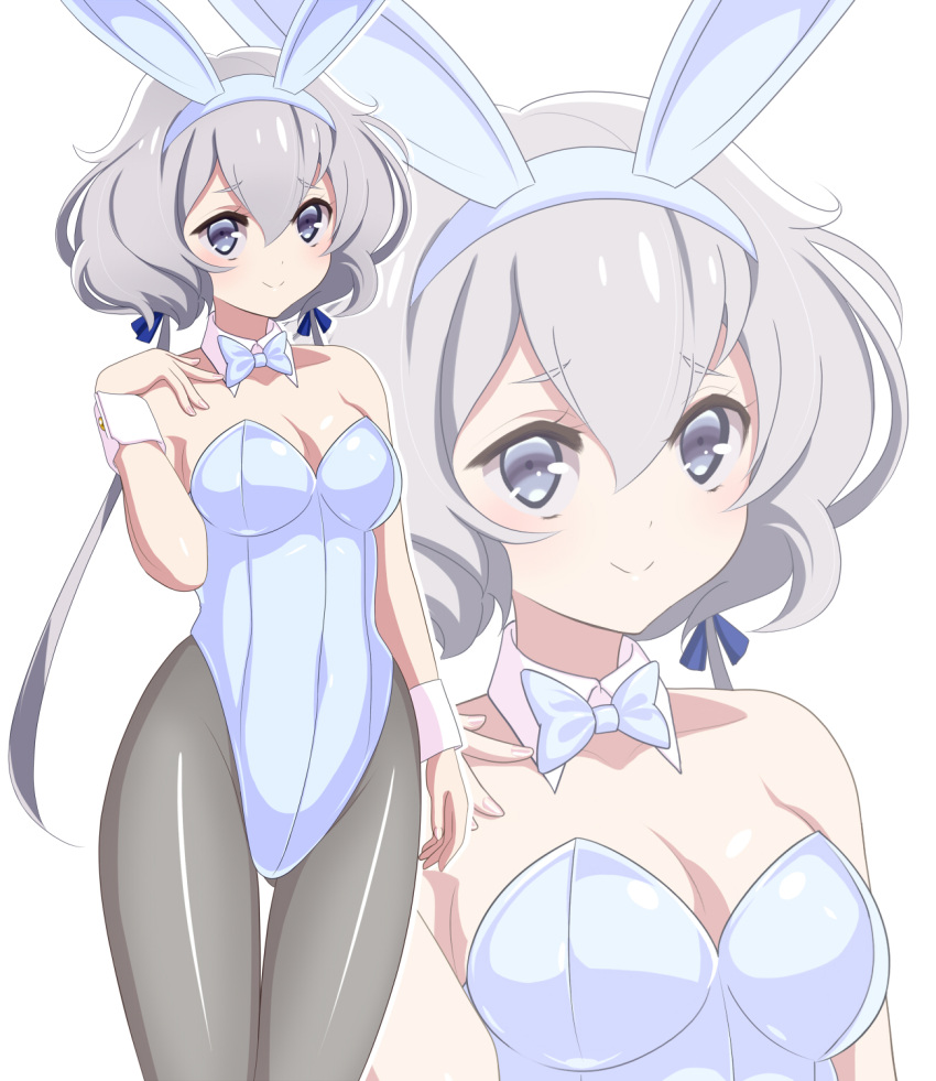 1girl animal_ears black_pantyhose blue_eyes bow bowtie breasts cleavage detached_collar feet_out_of_frame highres konno_junko leotard low_twintails medium_breasts one-hour_drawing_challenge pantyhose pirochi playboy_bunny rabbit_ears simple_background solo strapless strapless_leotard thigh_gap twintails upper_body white_background white_bow white_bowtie white_hair white_leotard wrist_cuffs zombie_land_saga zoom_layer