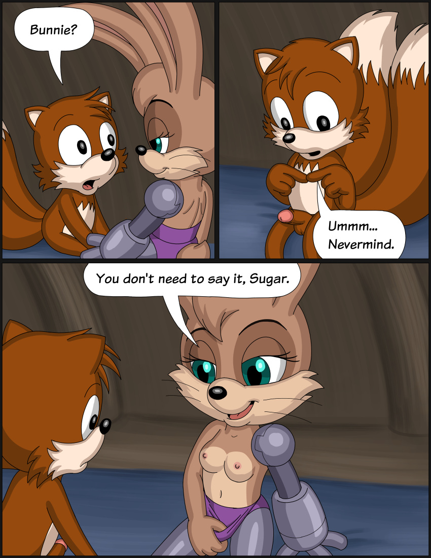 absurd_res anthro archie_comics breasts bunnie_rabbot canid canine clothing duo exposed_breasts female fox genitals hi_res lagomorph leporid male male/female mammal miles_prower nipples omatic penis rabbit robotic_arm robotic_legs robotic_limbs sega sonic_the_hedgehog_(archie) sonic_the_hedgehog_(comics) sonic_the_hedgehog_(series) undressing whoreomatic young