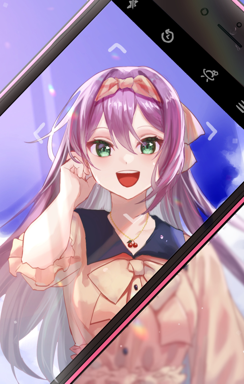 1girl bow cellphone_picture cherry_necklace dress green_eyes gyuentec highres long_hair nijisanji purple_hair sakura_ritsuki smile solo viewfinder virtual_youtuber yellow_bow yellow_dress