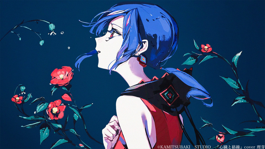 1girl alternate_eye_color black_hood blue_background blue_hair branch bud camellia character_name commentary_request copyright copyright_name crying crying_with_eyes_open floating_hair flower flying_teardrops from_side hand_on_own_chest highres hood hood_down hooded_jacket jacket kamitsubaki_studio looking_ahead low_ponytail multicolored_hair profile red_eyes red_flower red_hair red_jacket rim_(kamitsubaki_studio) roundbee simple_background sleeveless sleeveless_jacket solo song_name streaked_hair tears upper_body virtual_youtuber