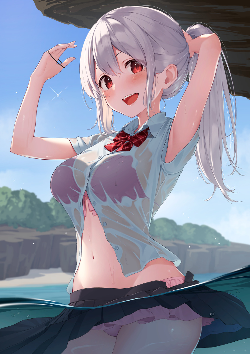 1girl absurdres arms_up bikini bikini_under_clothes black_skirt blue_shirt blue_sky blush bow bowtie breasts bush buttons cloud cloudy_sky collared_shirt commentary_request day eyes_visible_through_hair fingernails grey_hair hair_between_eyes hands_up highres kanpa_(campagne_9) light long_fingernails long_hair looking_at_viewer medium_breasts navel no_headwear open_mouth original outdoors pink_bikini pink_bow ponytail red_bow red_bowtie red_eyes sand scales school_uniform see-through shadow shirt short_sleeves skirt sky smile solo standing swimsuit teeth tongue water wet wet_clothes wet_shirt