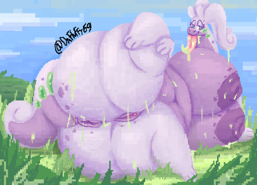 against_surface antennae_(anatomy) anthro anus bedroom_eyes belly big_belly big_breasts big_butt bodily_fluids breasts butt clitoris detailed_background digital_media_(artwork) dragon female field freckles_on_butt generation_6_pokemon genitals goodra grass hi_res huge_breasts huge_butt long_tongue looking_at_viewer lying narrowed_eyes nintendo nipples nude on_back on_glass outside overweight pixel_(artwork) plant pokemon pokemon_(species) puffy_anus purple_body purple_nipples purple_skin pussy seductive slime smile solo spread_legs spreading tail thefluffyrey69 thick_thighs tongue tongue_out