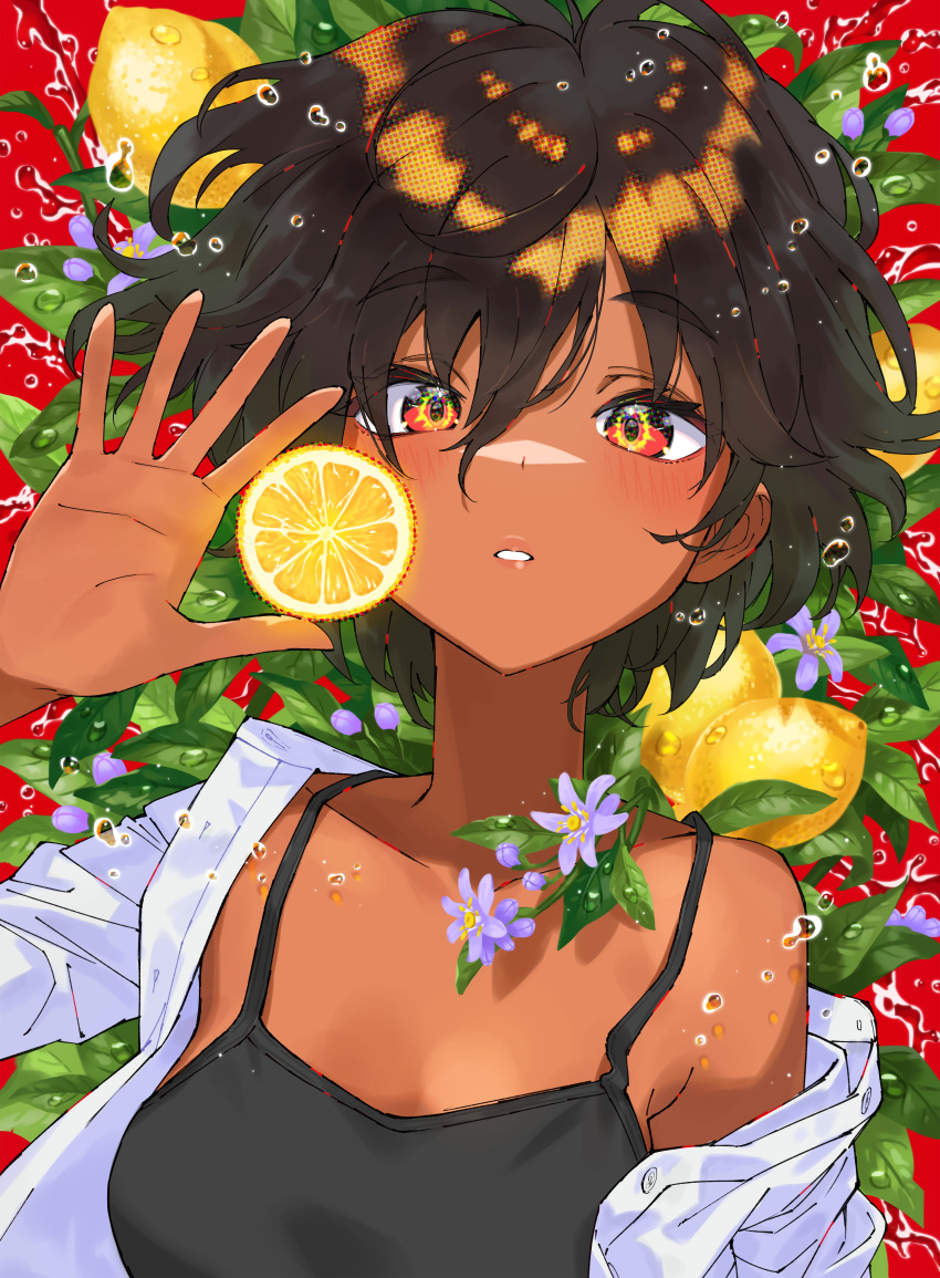 1girl absurdres bare_shoulders black_tank_top blush breasts brown_eyes brown_hair cleavage closed_mouth collarbone dark-skinned_female dark_skin flower food fruit green_eyes hair_between_eyes hair_flower hair_ornament highres holding holding_food incredibly_absurdres leaf lemon long_sleeves looking_at_viewer lying medium_breasts multicolored_eyes off_shoulder on_back open_clothes original parted_lips red_background red_eyes saitou_naoki shirt short_hair solo tank_top upper_body water_drop white_shirt