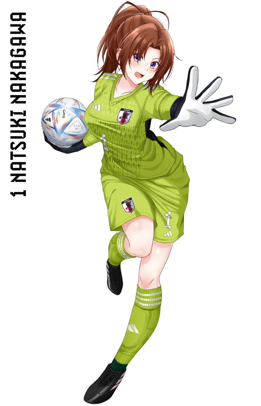 1girl ahoge ball black_footwear black_gloves brown_hair commission full_body gloves goalkeeper green_shorts green_socks hibike!_euphonium highres holding holding_ball kneehighs long_hair looking_at_viewer nakagawa_natsuki open_mouth ponytail purple_eyes rynn_(darknescorez) second-party_source shoes shorts simple_background sneakers soccer_ball socks solo two-tone_gloves white_background white_gloves