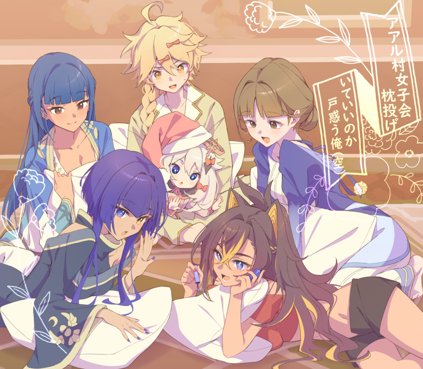 1boy 5girls :d :o aether_(genshin_impact) black_eyes black_shorts blonde_hair blue_eyes blue_hair blue_nails blue_ribbon blunt_bangs bow braid braided_ponytail bright_pupils brown_background brown_eyes brown_hair candace_(genshin_impact) closed_mouth collarbone commentary_request crop_top crossed_bangs dark-skinned_female dark_blue_hair dark_skin dehya_(genshin_impact) dunyarzad_(genshin_impact) eyelashes fingernails flower genshin_impact hair_between_eyes hair_bow hair_bun hair_intakes hair_ornament hair_over_shoulder halo hat heterochromia highres long_sleeves looking_at_another lower_teeth_only lying medium_hair multicolored_hair multiple_girls nail_polish nail_polish_bottle nail_polish_brush on_stomach open_mouth paimon_(genshin_impact) pajamas pants pillow pom_pom_(clothes) purple_hair red_bow red_headwear red_shirt ribbon round_teeth santa_hat setaria_(genshin_impact) shirt short_hair short_hair_with_long_locks short_sleeves shorts sidelocks sitting sleepover smile streaked_hair sweatdrop teeth translation_request v-shaped_eyebrows white_hair white_pupils wide_sleeves yellow_eyes yellow_pajamas yellow_pants yellow_shirt yoco_n