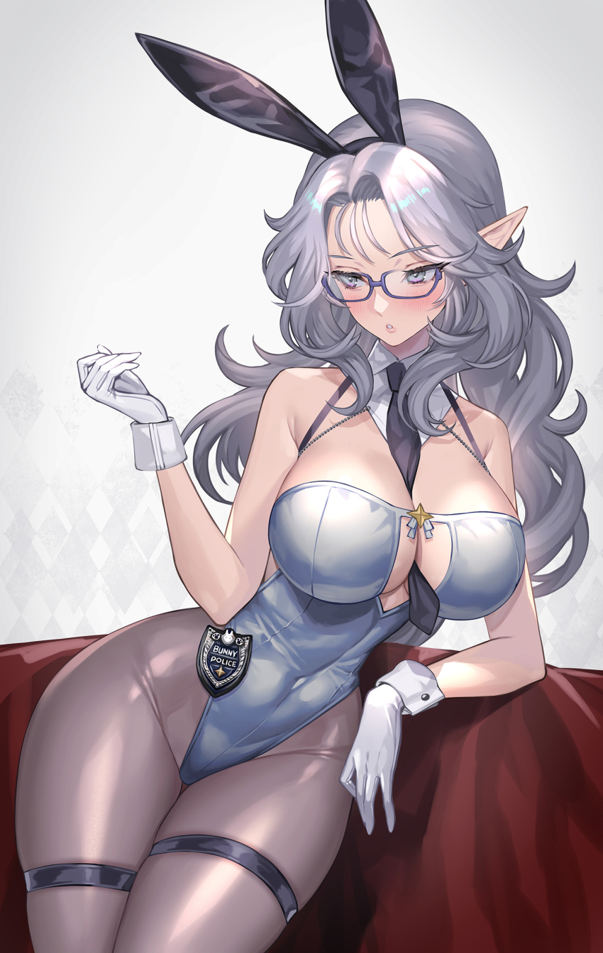 1girl animal_ears breasts cleavage cleavage_cutout clothing_cutout fake_animal_ears glasses gloves highres hitowa original playboy_bunny pointy_ears rabbit_ears solo white_gloves